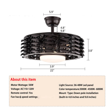 Bladeless Ceiling Fan 22" LED Light 3 speed Chandelier Remote Control 110V SALE
