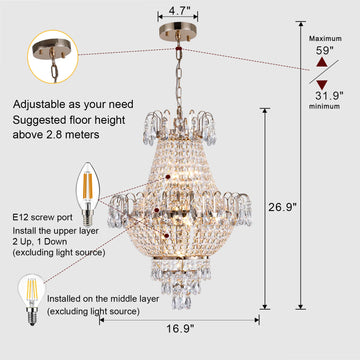 16.9" Luxury Retro Crystal Chandelier European Style Imperial Style Copper Color 7-Light Lighting Fixture Classy Living Room Restaurant Entrance Ceiling Light