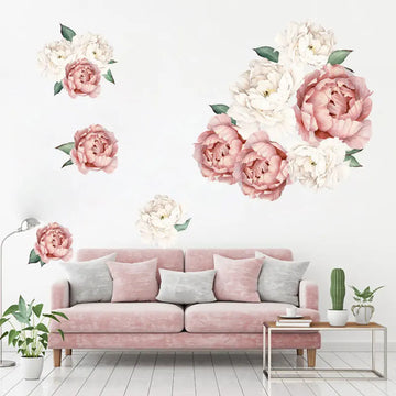 Pink White Watercolor Peony Flowers Wall Stickers for Kids Room Living Room Bedroom Home Decoration Wall Decal Home Decor Floral