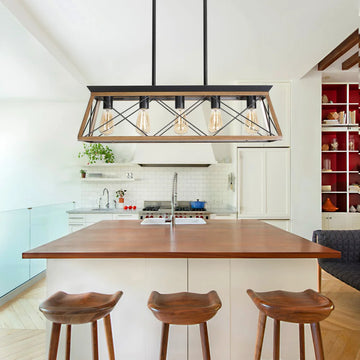 32" Walnut Industrial 5-Light Pendant Chandelier, Modern Metal Cage Design, Adjustable Hanging Light for Dining Room(No Bulbs)