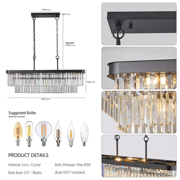 Chandeliers,Rectangular Crystal Chandelier Adjustable,E12 Modern Industrial Crystal Lights,Farmhouse Iron Ceiling Hanging Light