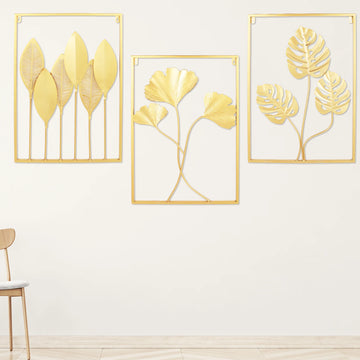 3 Pack Gold Metal Wall Art for Living Room, Large Leaf Frame Accent Leaves Wall Decor Home