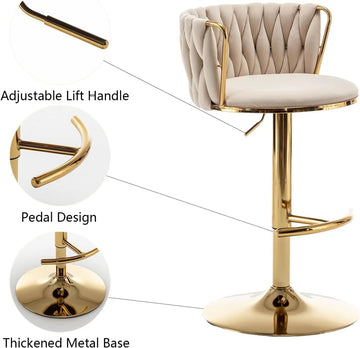 Gold Velvet Bar Stools Set of 3, Swivel Counter Height Bar Stools with Back