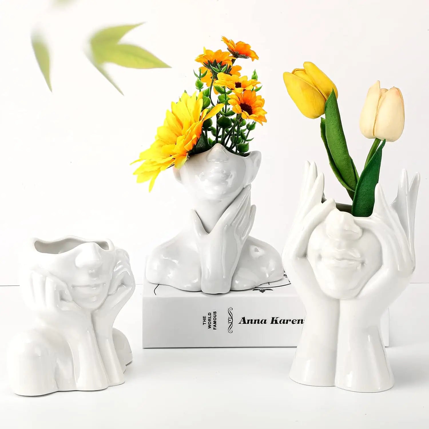 3 Pcs Ceramic Face Vase Female Form Flower Modern Body Vase for Decor with Head Half Body Bust Centerpiece for Table Shelf