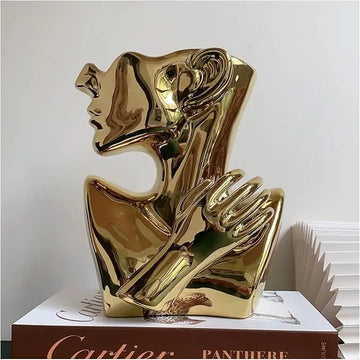 Ceramics Statue Flower Vase Face Pots Bust Head Shaped for Birthday Gifts Home Office Decoration (Gold)