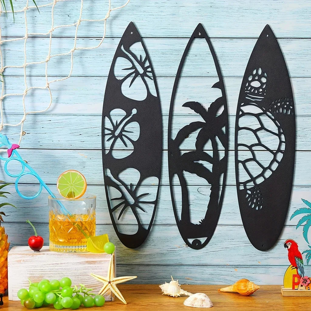 CIFBUY Set Metal Surf Board Wall Decor Summer Metal Surfboard Beach Sign, Metal Novelty Surfboard Sign, Board Palm Tree Wall Art