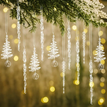 24 Pcs Crystal Icicle Christmas Tree Ornaments with 3 Styles Clear Plastic Chandelier Pendants for Holiday Decorations Ideal fo