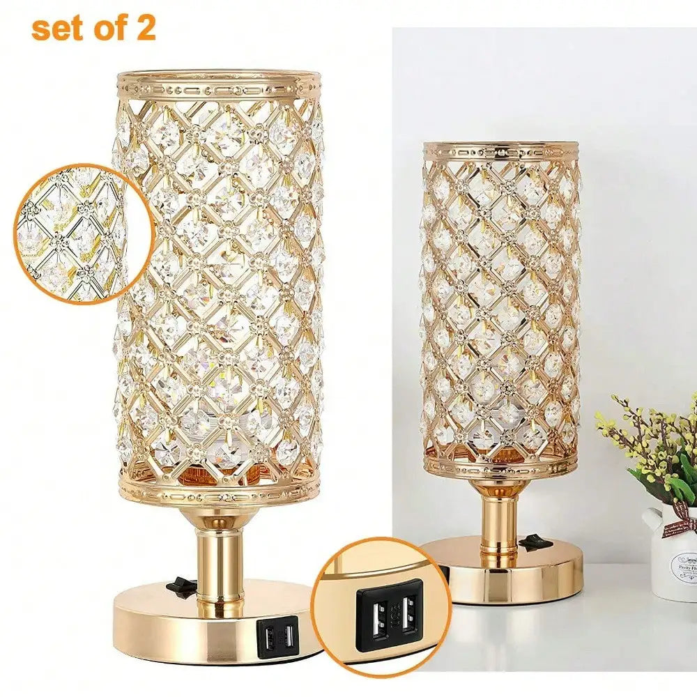 Set of 2 USB Crystal Nightstand Lamp Bedside Table Lamps with 2 Charging Ports