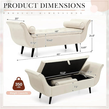 luxurious velvet tufted bench for king bed, 65" storage ottoman at foot of bed