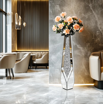 Tall Floor Mirror Vase, Large Crushed Diamond Glass Vase for Home Decor Modern Crystal Centerpiece for Living Room Wedding Hotel