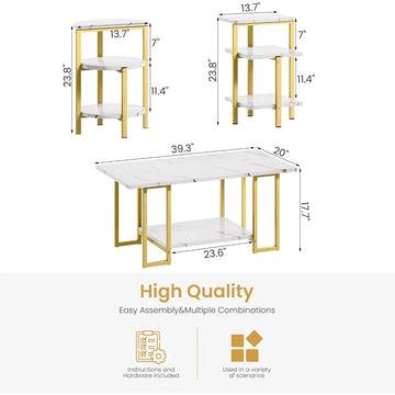 Coffee Table Set of 3,Rectangle Coffee Table&2 Accent Table,Faux Marble Tabletop,3 Piece Living Room Table Sets with Multi Tier
