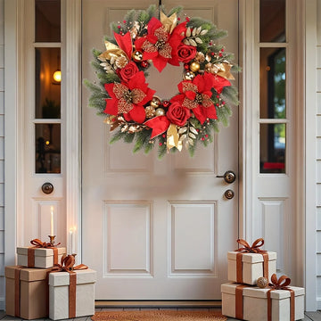 1 x 20" Holiday Christmas Wreath with Red Roses Gold Balls and Pinecones - Suitable for Indoor/Outdoor Festive Decorations