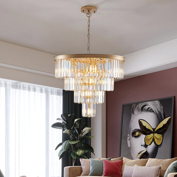 23.6 inch gold modern luxury crystal chandelier, 4 tier large round vintage crystal light for living room, dining room, kitchen.