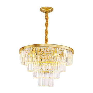 Luxurious Crystal Chandelier, 9 E12 Bulbs, 4-Tier Glass Design, Golden Frame, Elegant Home Decoration
