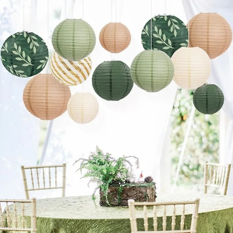 6pcs Round Hanging Paper Chinese Japanese Lanterns Decorations for Sage Green Rustic Wedding Birthday Party Baptism Supplies