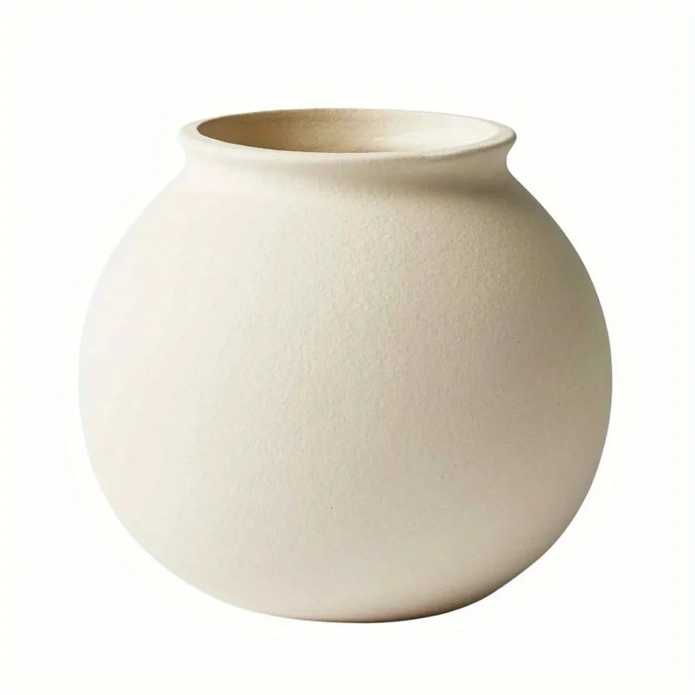 5.9" Matte Ceramic Round Vase, Natural Beige White, 1 - Piece,Simple white ceramic vase, natural texture highlights modern style