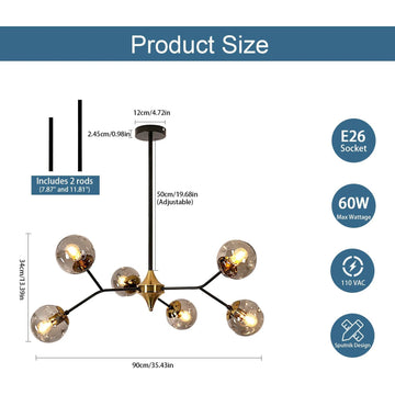 Glass Sputnik Chandelier, 6-Light Black and Gold with Smoke Gray Glass Lampshade Chandelier, E26 Mid Century Modern Pendant Ligh