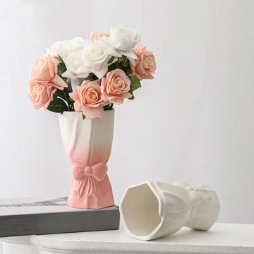 Home Tabletop Vase Simple Home Decor Creative Bow Decorative Bouquet Ceramic Flower Vase Decoration for Living Room
