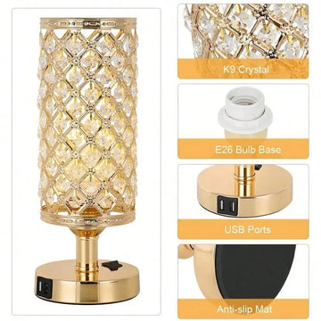 Set of 2 USB Crystal Nightstand Lamp Bedside Table Lamps with 2 Charging Ports