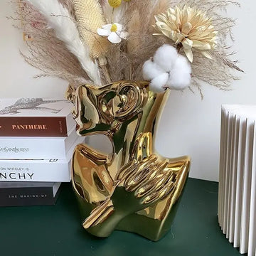 Ceramics Statue Flower Vase Face Pots Bust Head Shaped for Birthday Gifts Home Office Decoration (Gold)