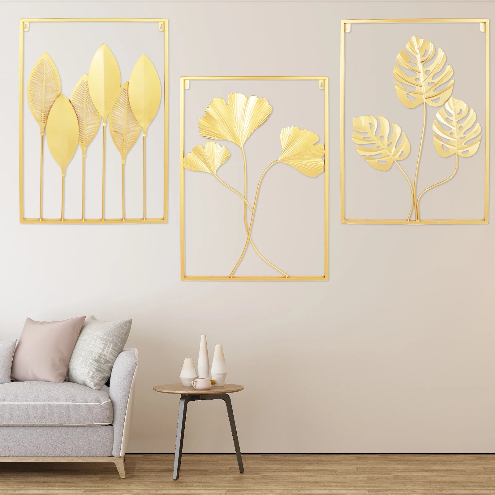 3 Pack Gold Metal Wall Art for Living Room, Large Leaf Frame Accent Leaves Wall Decor Home