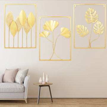3 Pack Gold Metal Wall Art for Living Room, Large Leaf Frame Accent Leaves Wall Decor Home
